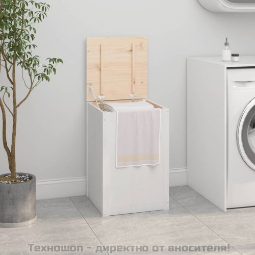 Кутия за пране, бяла, 44x44x66 см, борово дърво масив