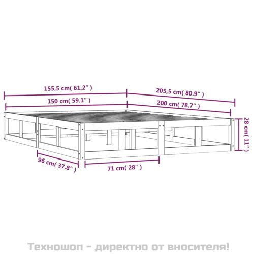 рамка за легло сиво 150x200 см King Size масивно дърво
