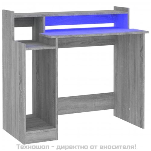 Бюро с LED осветление, сив сонома, 97x45x90 см, инженерно дърво