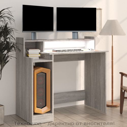 Бюро с LED осветление, сив сонома, 97x45x90 см, инженерно дърво