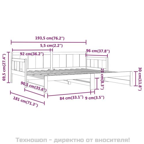 Разтегателно канапе, черно, бор масив, 2x(90x200) см