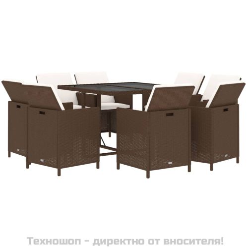 Градински комплект с възглавници 9 части полиратан кафяв