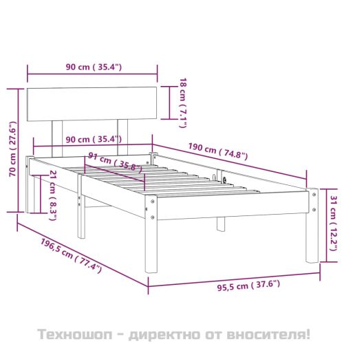 Рамка за легло, сива, бор масив, 90x190 см, Single