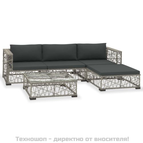 Градински комплект с възглавници, 5 части, полиратан, сив