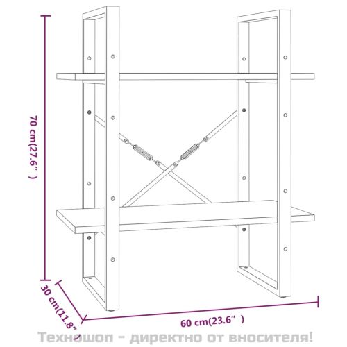 Библиотека на 2 нива, кафяв дъб, 60x30x70 см, инженерно дърво