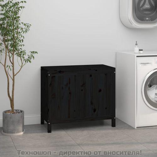 Кутия за пране, черна, 88,5x44x76 см, борово дърво масив
