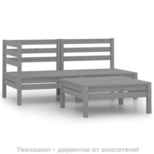 Градински лаундж комплект, 3 части, бор масив, сив