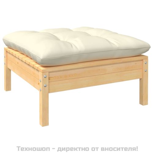 Градинска табуретка с кремава възглавница, борово дърво масив