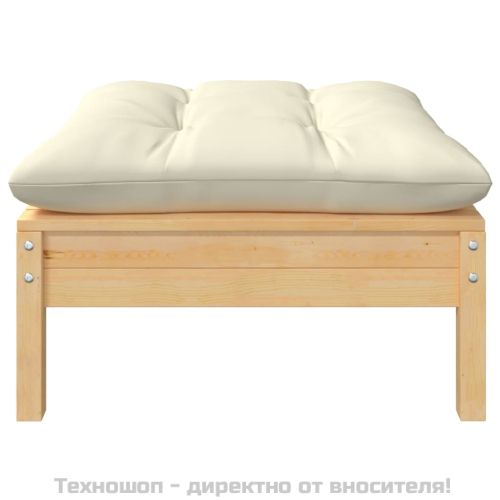 Градинска табуретка с кремава възглавница, борово дърво масив