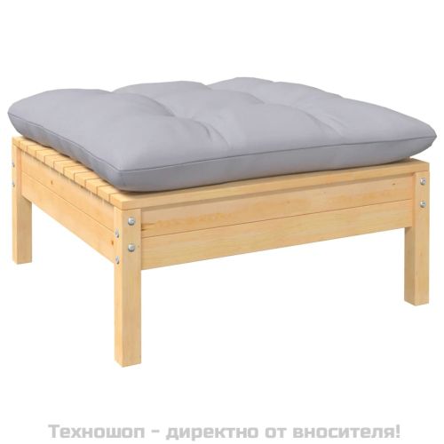 Градинска табуретка със сива възглавница, бор масив