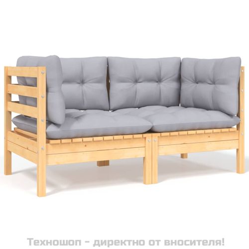 2-местен градински диван със сиви възглавници, бор масив