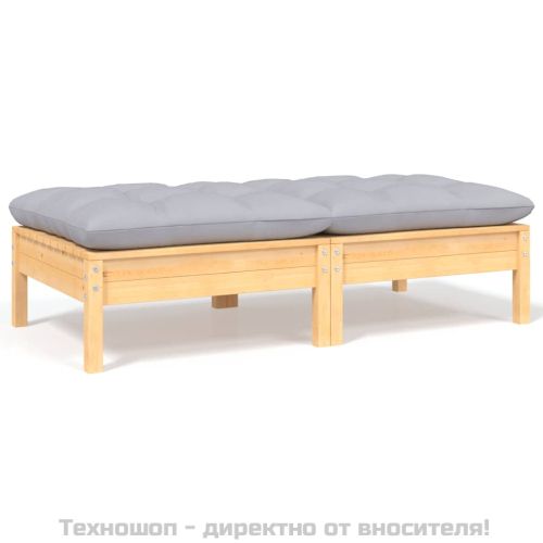 2-местен градински диван със сиви възглавници, бор масив