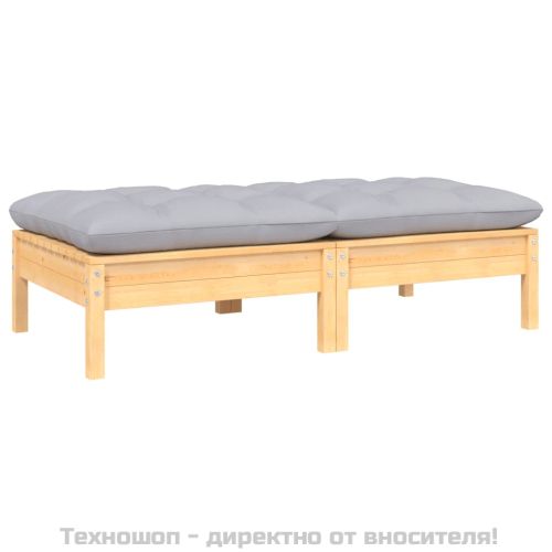 2-местен градински диван със сиви възглавници, бор масив