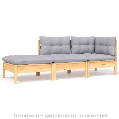 Градински лаундж комплект 3 части сиви възглавници бор масив