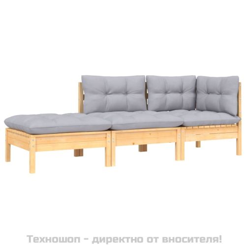 Градински лаундж комплект 3 части сиви възглавници бор масив