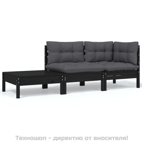 Градински комплект от 3 части, с възглавници, черен, бор масив