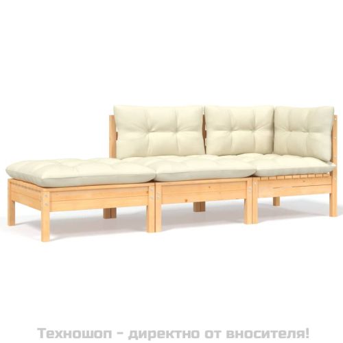 Градински комплект от 3 части с кремави възглавници бор масив