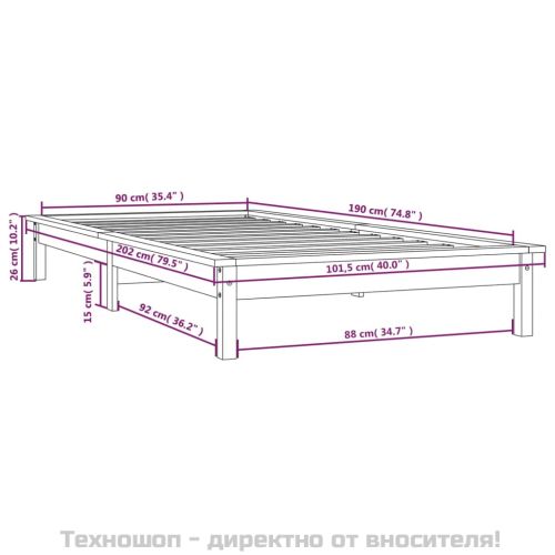 Рамка за легло, меденокафява, бор масив, 90x190 см, Single