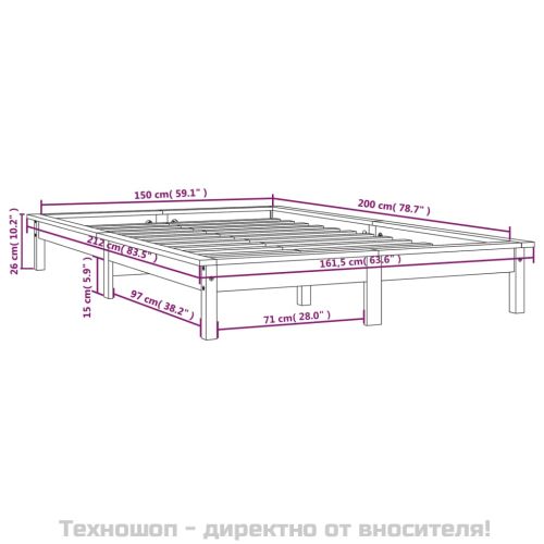 Рамка за легло, сива, бор масив, 150x200 cм, King Size