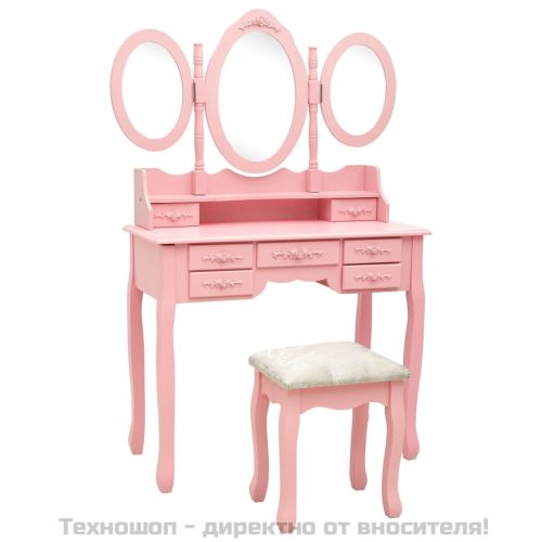 Тоалетка с табуретка и тройно сгъваемо огледало, розова