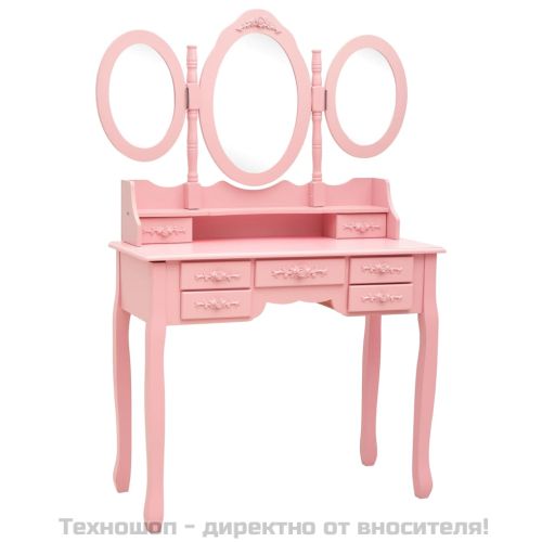 Тоалетка с табуретка и тройно сгъваемо огледало, розова