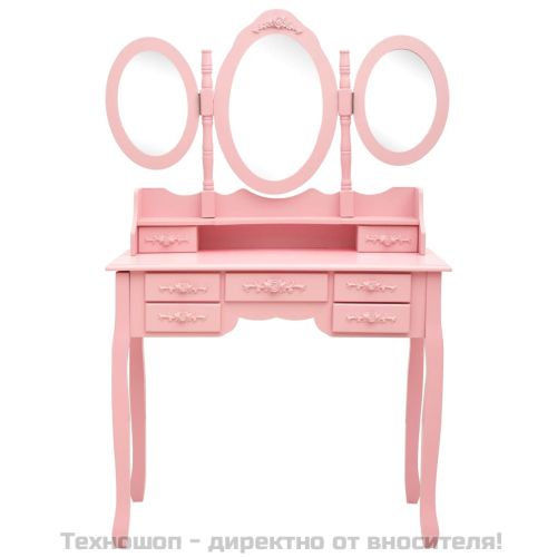 Тоалетка с табуретка и тройно сгъваемо огледало, розова