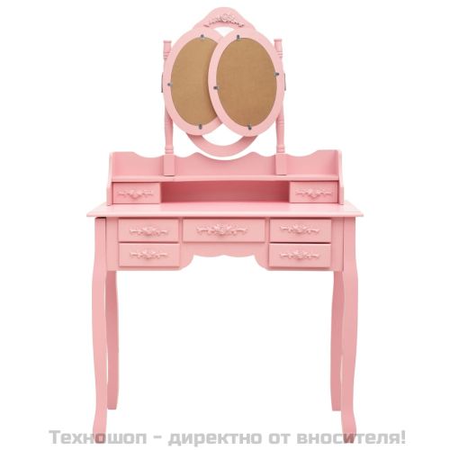 Тоалетка с табуретка и тройно сгъваемо огледало, розова