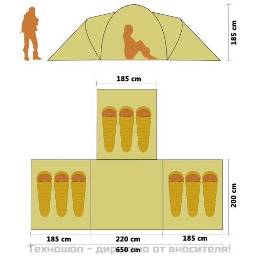 Къмпинг палатка, текстил, 9-местна, синьо и зелено