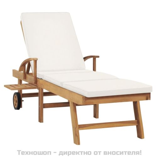 Шезлонг с шалте, тиково дърво масив, кремаво