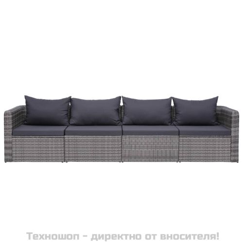 Градински комплект с възглавници, 4 части, сив, полиратан