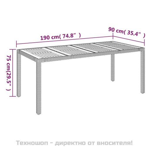 Градинска маса с дървен плот черна 190x90x75 см полиратан