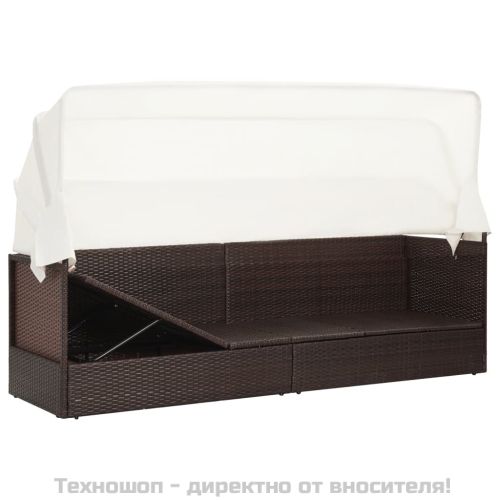 Градински диван със сенник, кафяв полиратан