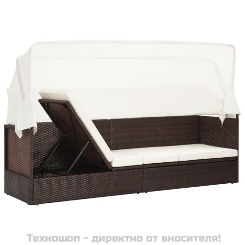 Градински диван със сенник, кафяв полиратан