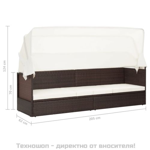 Градински диван със сенник, кафяв полиратан