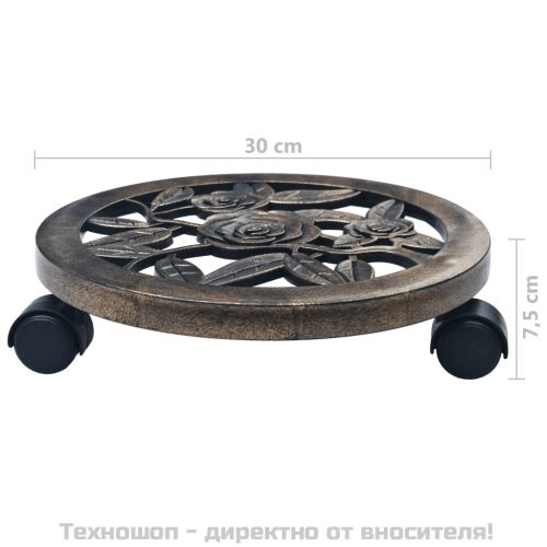 Поставки за цветя на колелца, 6 бр, бронз, 30 см, пластмаса