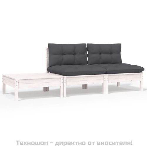 Градински лаундж комплект 3 части с възглавници бял бор масив