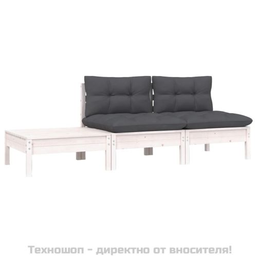 Градински лаундж комплект 3 части с възглавници бял бор масив