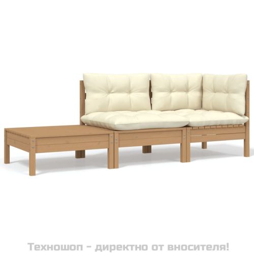 Градински комплект от 3 части с кремави възглавници бор масив