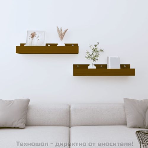 Стенни рафтове, 2 бр, меденокафяви, 50x12x9 см, бор масив