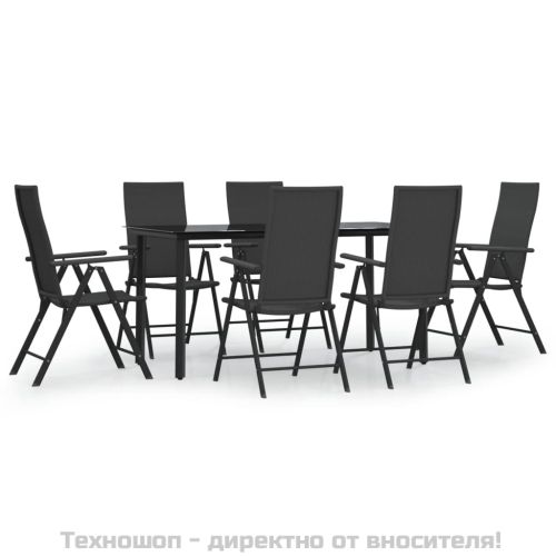 Градински трапезен комплект от 7 части, черно, полиратан