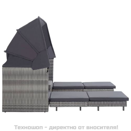 Разтегателен 3-местен диван с навес, полиратан, сив