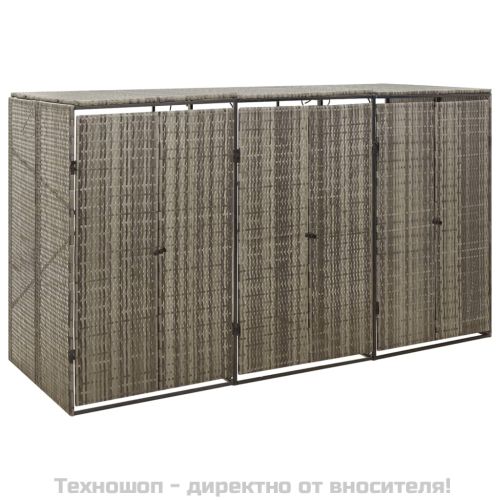 Троен навес за кошове за боклук сив 207x80x117 см полиратан