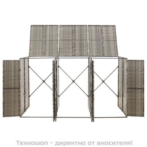 Троен навес за кошове за боклук сив 207x80x117 см полиратан