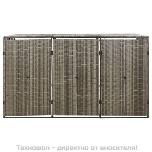 Троен навес за кошове за боклук сив 207x80x117 см полиратан