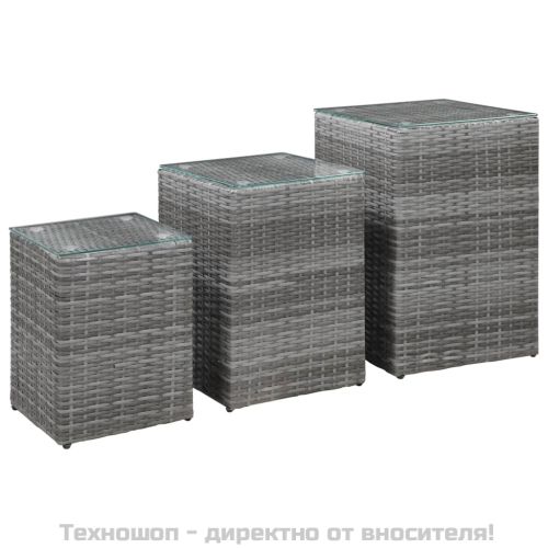 Странични маси, 3 бр, със стъклен плот, сиви, полиратан