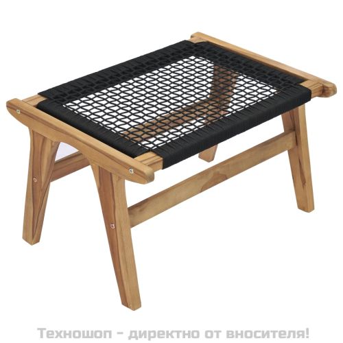 Шезлонг с подложка за крака, тиково дърво масив, въже