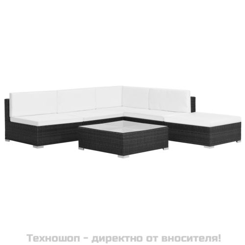 Градински комплект с възглавници, 6 части, черен полиратан