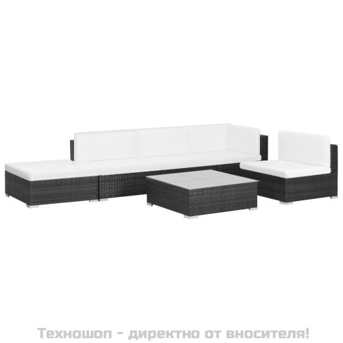 Градински комплект с възглавници, 6 части, черен полиратан