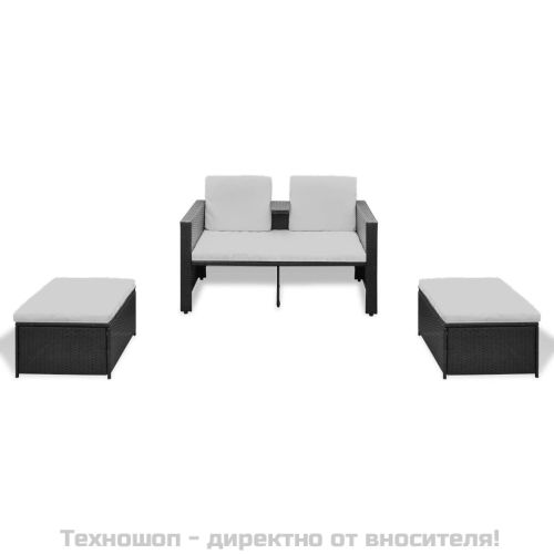 Градински комплект с възглавници, 4 части, черен полиратан