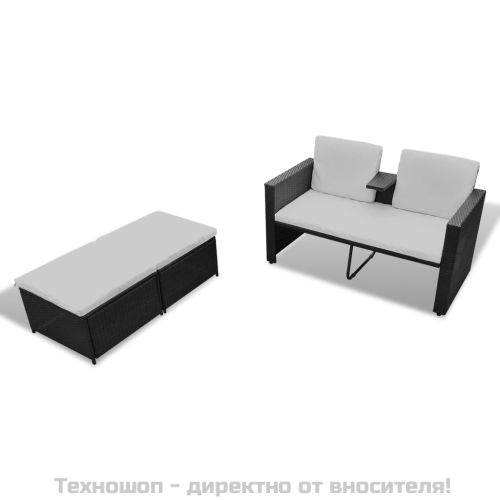 Градински комплект с възглавници, 4 части, черен полиратан